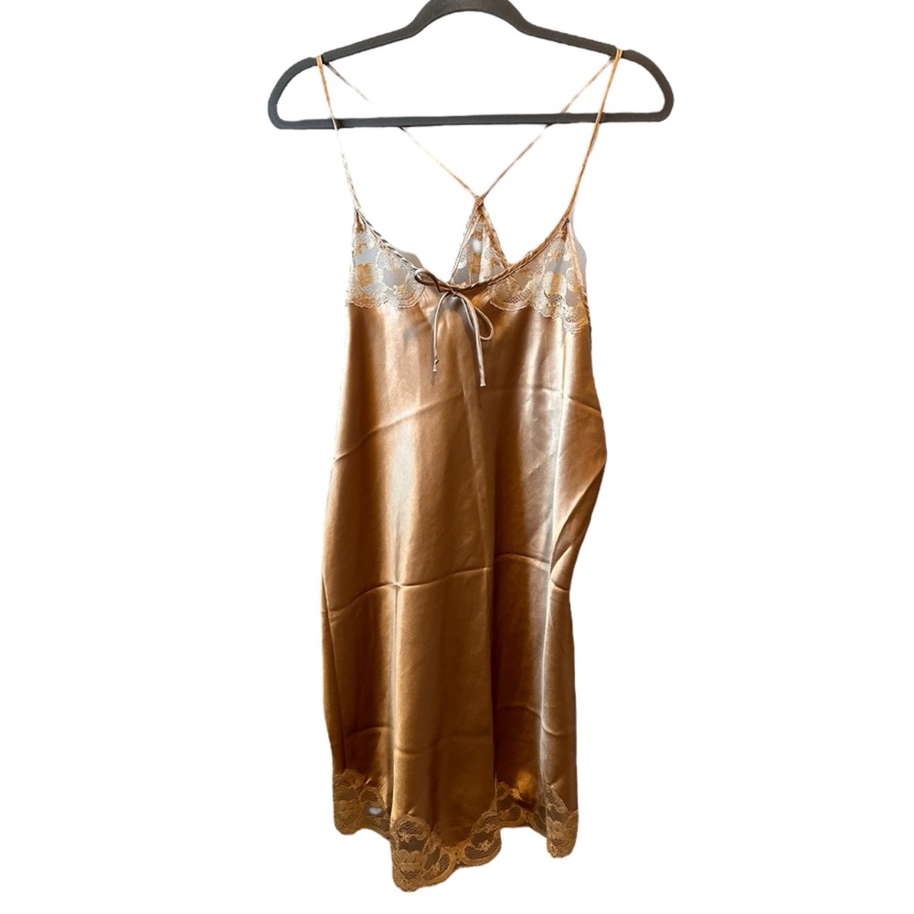 Vintage CINEMA ETOILE Gold Babydoll Satin Chemise Nightgown Lace L